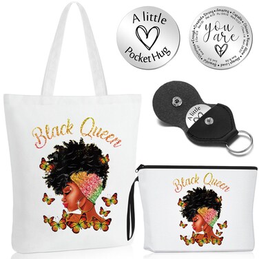 Sadnyy 4 Set Black Girl Tote Bag African American Gifts Inspirational Cosmetic Bags Canvas Shoulder Handbag Motivational Pocket Hug Token and PU Leather Keychain Make up Bags for Black Women(Novel)