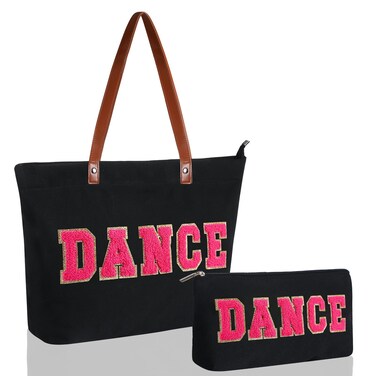Locmeo 2 Pcs Tote Bag Gift for Teacher Nurse Dance Preppy Makeup Bag Cosmetic Women Chenille Letter School Work(Dance)