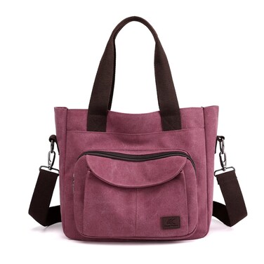 DOURR Canvas Cotton Top Handle Crossbody Bags for Women Casual Shoulder Handbag Multi-pocket for Work Going Out (Burgundy)