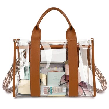 LOXOMU Clear Tote Bag Stadium Approved, Large Clear Bag for Stadium Events Transparent Shoulder Handbag with Adjustable Strap (Brown)