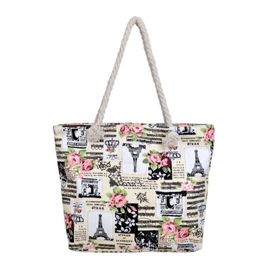 Paris Eiffel Tower Music Notes Floral Print Canvas Tote Shoulder Bag Handbag, Yellow One Size