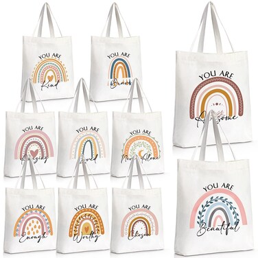Sieral 10 Pcs Thank You Gifts Canvas Tote Bags Bulk for Coworkers Teacher Employee Inspirational Appreciation Tote Bag Gift Nurse Funny Tote Bags with Zipper Motivational Quotes(Rainbow)