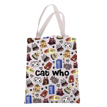 JXGZSO Who TV Show Series Lover Gift Dr Who Canvas Tote Bag Cat Who Police Box Shoulder Bag Funny Dr Who Inspired Gift