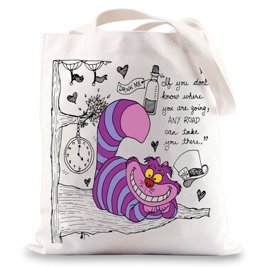 BWWKTOP Funny Cat Tote Bag Cat Movies Fans Gift Any Road Can Take You There Drink Me Cartoon Cat Merch (drink me)