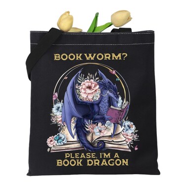 MAOFAED Vintage Book Dragon Gift Please I&rsquo;m A Book Dragon Canvas Tote Bag Book Lover Gift Shopping Bag Shoulder Bag Travel Bag book dragon