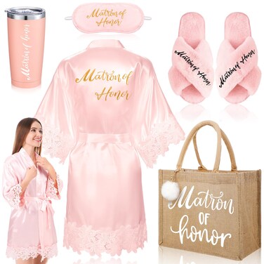 Handepo 5 Pcs Bridal Shower Robe Gifts Bride Gift Set with Sleeping Eye Mask Slippers for Wedding Party Bridesmaids(Matron of Honor)