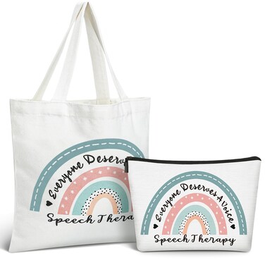 Shinylin 2 Pcs Speech Language Pathologist Gifts Everyone Deserve a Voice Speech Therapy Tote Bag Rainbow SLP Cosmetic Bag Christmas Gifts for Women Speech Pathologist Assistant Therapist