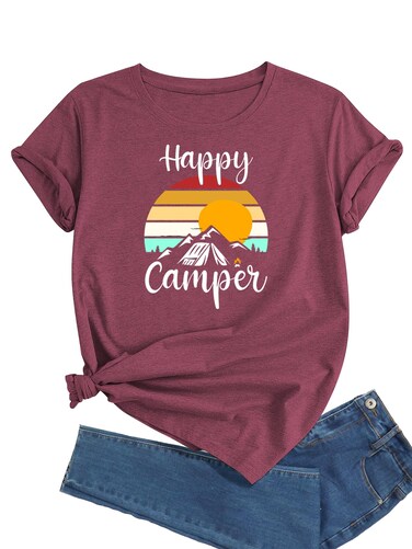 J&amp;DHUASHA Happy Camper Shirt for Women Funny Sunset Mountain Graphic Tshirts Summer Hiking Adventure Tee Casual Short Sleeve Tops(TS26, XL)