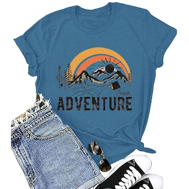Hiking Shirts for Women Summer Sunshine Graphic Tshirt Casual Comfy Short Sleeve Loose Tee, Blue L
