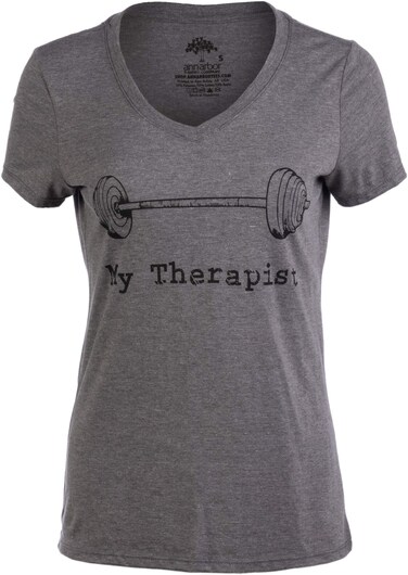 Ann Arbor T-shirt Co. My Therapist (Barbell)   Funny Workout Working Out Weight Lifting Lifter V-Neck Women-(Vneck,S) Vintage Grey
