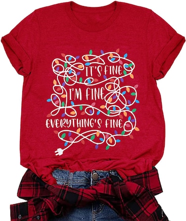 It's Fine I'm Fine Everything's Fine Tshirt Women Christmas Shirt Xmas Lights Graphic Tee Teacher Gift Tops Red