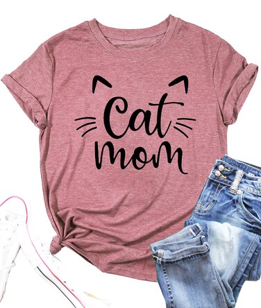 Cat Shirts for Women Cat Mom T-Shirts Pet Lover Gifts Shirts Funny Cat Graphic Tees Shirts(Pink,Small)