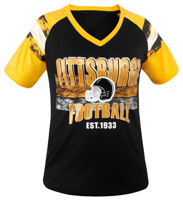 Geneisteck Womens Football Fans V Neck City Raglan T-Shirts - Black &amp; Yellow Medium