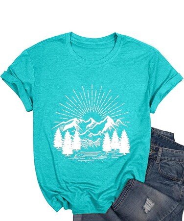 Hiking Mountain T Shirts for Women Retro Outdoor Workout Tee Nature Graphic Shirts Casual Scoop Neck Short Sleeve Summer Sunshine Tee Shirts (Mint Green-XL)