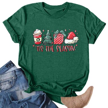 Christmas Shirts for Women Funny Tis The Season Xmas Tree Coffee Graphic Tees Tops Short Sleeve Holiday Tops Green M