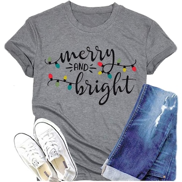 Christmas Shirt Merry and Bright Christmas Lights T-Shirts Women Xmas Lights Graphic Shirts Merry Christmas Holiday Top Gray