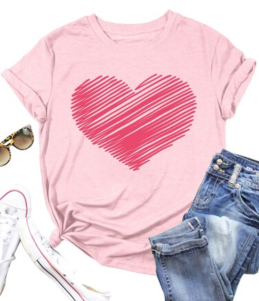 Valentines Day Shirt Women Heart Print Tee Funny Love Heart T-Shirts Valentine's Gifts for Her
