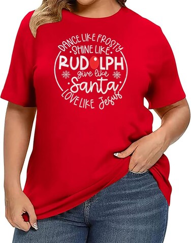 Plus Size Women Christmas Shirt Dance Like Frosty Shine Like Rudolph Christian Tshirt Casual Xmas Gift Tee Tops 2X-5X