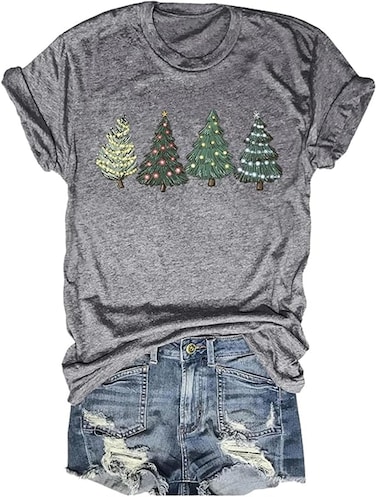Christmas Shirts Women Merry Christmas Tree Printed T-Shirts Short Sleeve Holiday Tee Xmas Gift Tops(Grey/Four Tree,XL)