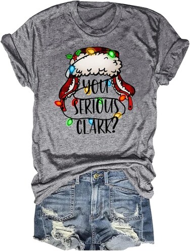 Woffccrd Womens Funny Christmas Shirts Gnomies T-Shirts You Serious Clark Shirts Christmas Tree Graphic Tee Tops (M,G1 Grey)