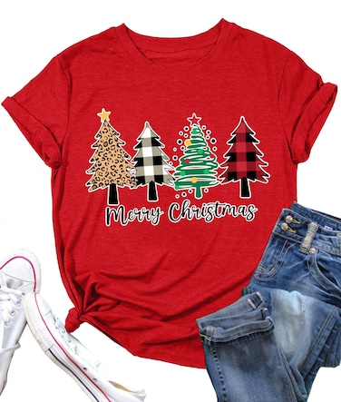 Christmas Shirts Women Merry Christmas Leopard Tree Graphic Tees Short Sleeve Xmas Tshirts Holiday Tops