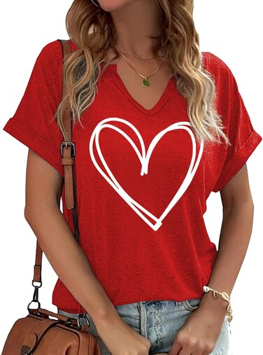 Earlymemb Womens Valentines Day V Neck Shirt Funny Love Heart Graphic Short Sleeve Tee Couple Matching Gift Tops(XXL,A-Red-5)