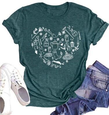 Garden Shirts for Women Plant Love Heart Graphic Shirt Farmer Short Sleeve Gardener Gift Plant Tee Tops(Green,Small)
