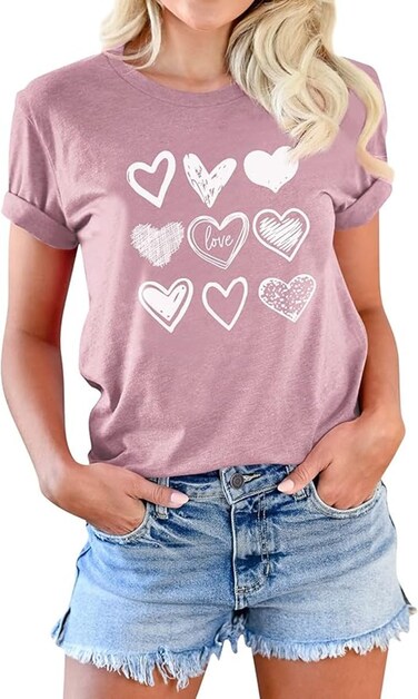 kfulemai Womens Valentines Day Shirts Print Graphic Tees Cute Leopard Love Heart Shirts Casual Short Sleeve(M,Pink-5)