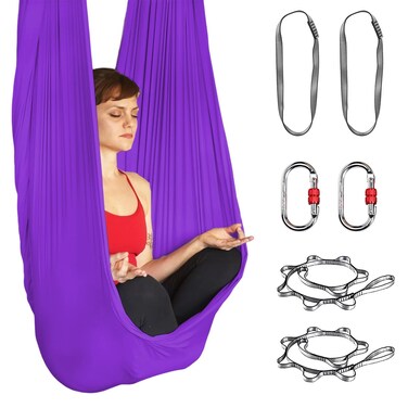 PRIOR FITNESS Aerial Yoga Hammock - Durable Aerial Silks with Extension Straps, Carabiners - Aerial Silks for Home Yoga, Inversion Practice, Suitable for All Levels of Yoga Starter Kits-Dark Purple