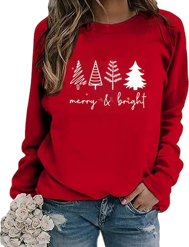 Generic Christmas Sweatshirts for Women Merry and Bright Shirts Christmas Tree Sweatshirts Merry Christmas Long Sleeve Tops Red, X-Small