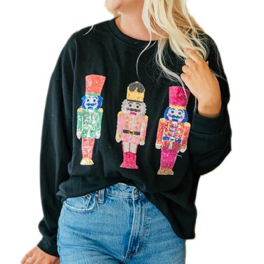 Muineobuka Women Sequin Christmas Sweatshirts Sparkle Nutcracker Santa Long Sleeve Crewneck Pullover Merry Christmas Sweaters