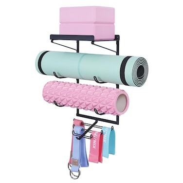 MAYZOLOP Yoga Mat Holder Wall Mount Yoga Mat Storage Rack Home Gym Accessories with 3 Sectional and 7 Hooks for Hanging Foam Roller and Resistance Bands at Fitness Class or Home Gym