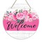 Welcome Door Sign, Spring Flowers Spring Decor Wooden Sign Round Decorative Wall Plaque, Blush Pink Floral Welcome Sign for Front Door, Farmhouse Porch Yard Hanging Sign Outdoor Decorations -01
