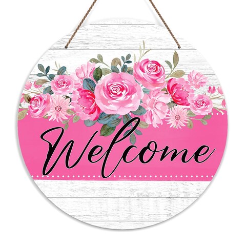 Welcome Door Sign, Spring Flowers Spring Decor Wooden Sign Round Decorative Wall Plaque, Blush Pink Floral Welcome Sign for Front Door, Farmhouse Porch Yard Hanging Sign Outdoor Decorations -01