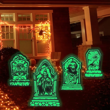 4Pcs Halloween Tombstones Yard Signs Glow in The Dark Large Graveyard Decorations Outdoor Large Scary Reflective Front Yard Sign with Stakes for Lawn Garden Halloween Party Decor