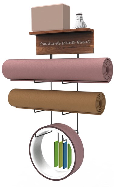 Yoga Mat Holder Wall Mount,Home Gym Equipment Accessories,Thick Accessories Meditation Yoga Mat,with Wood Floating Shelves and 4 Hooks for Hanging Foam Roller and Resistance Bands at Fitness Class or