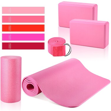 Timgle 10 Pcs Yoga Mat Set Pink Yoga Blocks and Strap Travel Size Quality Density Foam Roller and Different Resistance Levels Elastic Band for Home Workout Yoga Exercise Gym Training