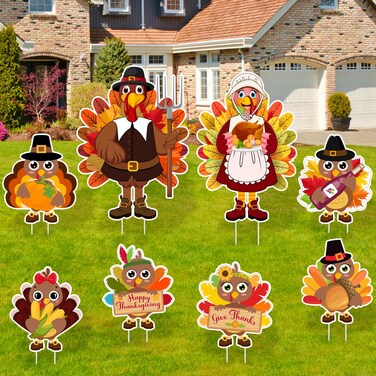 8PCS Thanksgiving Yard Signs with Stakes, Thanksgiving Decorations Outdoor Turkey Yard Signs, Waterproof Thanksgiving Lawn Yard Garden Sign for Thanksgiving Party Decoration