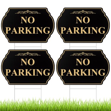Juexica 4 Pcs No Parking Signs 12 x 8 Inch Heavy Duty No Parking Yard Sign with Metal H Stake Waterproof Plastic No Parking Statement Plaque Sign for Outdoor Lawn Driveways Yard, Gold, Black