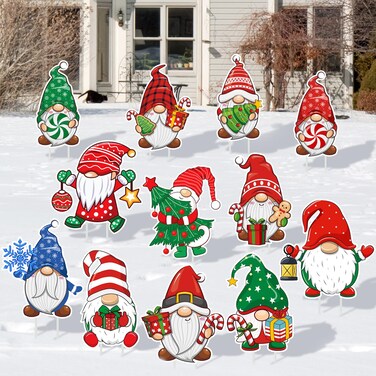 BBTO 12 Pcs Christmas Yard Signs Xmas Gnome Decorative Gnomes Yard Stakes Holiday Christmas Swedish Tomte Yard Decorations Winter Home Pathway Walkway Decor Christmas Outdoor Garden Lawn Decorations