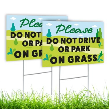 2PC Please Do Not Drive or Park on Grass Signs - 8x12 Double Sided Coroplast No Parking Signs Keep Off Grass Sig with Stake