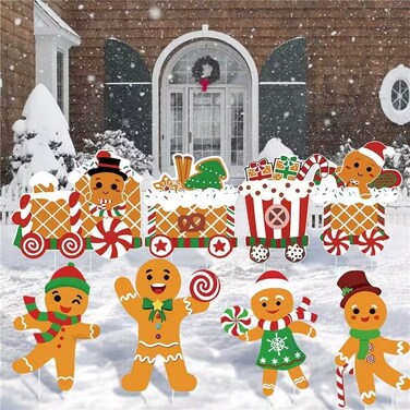 Gingerbread Yard Signs with Stakes Christmas Gingerbread Man Yard Stakes Outdoor Christmas Train Plastic Lawn Decoration for Christmas Garden Walkway Pathway Decor，8 PCS