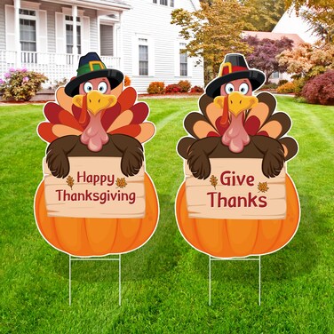 Arosche Large Thanksgiving Yard Signs 2pc with Stakes Turkey Pumpkins Give Thanks Happy Thanksgiving Decorations Outdoor Harvest Garden Signs Seasonal Holiday Party Supplies Lawn Yard Decorations
