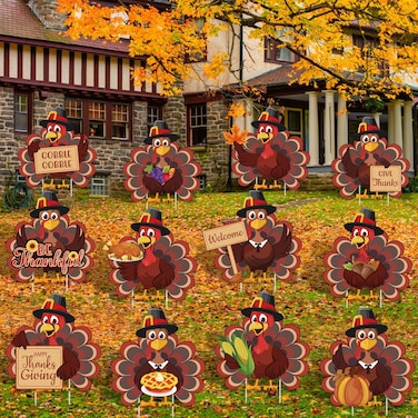 Threehoney 12 Pcs Thanksgiving Turkey Yard Signs with 24 Stakes Happy Thanksgiving Yard Decorations Outdoor Waterproof Fall Turkey Decor Harvest Yard Sign for Autumn Party Supplies Lawn Patio Outdoor