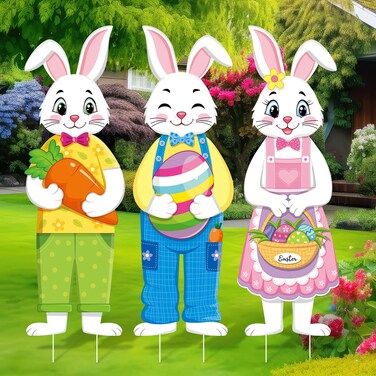 Umigy 3 Pcs Easter Yard Sign Bunny Outdoor Sign with Stakes 32 x 10 Inch Easter Bunny Lawn Decor Easter Yard Decor Easter Lawn Decor for Home Pathway Walkway Decor