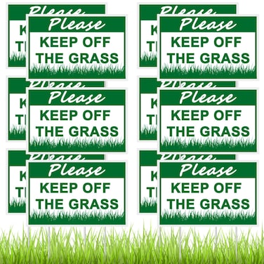 Blulu 12 Pcs Keep Off Grass Sign with 12 Metal Stakes 8 x 12 Inch Plastic Stay Off Grass Signs for Yard Lawn No Parking Walk Double Sided Keep Off Grass Yard Sign, Green