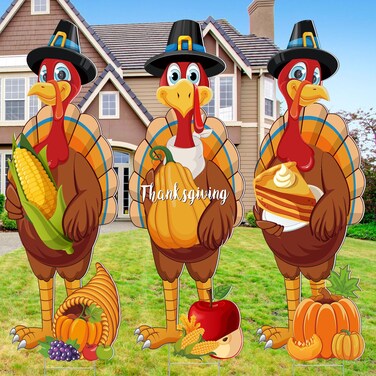 Umigy 3 Pcs Thanksgiving Yard Sign Gobble Turkey Garden Decor with Stakes 32 x 10 Inch Harvest Turkey Outdoor Lawn Sign Thanksgiving Yard Decor Garden Decoration Outside for Home Pathway Walkway