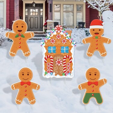 Gingerbread Christmas Decorations Outdoor Yard Signs- 5 Pack Plastic Gingerbread Man Yards Signs with Stakes for Winter Holiday Christmas Outside Yard Pathway Lawn Decor Party