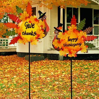 Juegoal Set of 2 Turkey Garden Stakes Thanksgiving Decor, 36 Inch Metal Fall Turkeys Yard Stakes, Give Thanks &amp; Happy Thanksgiving Yard Signs Ornaments for Outdoor Lawn Pathway Patio