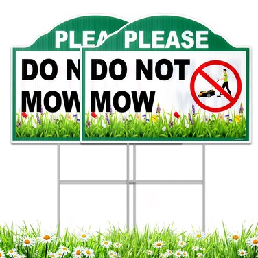2 Pcs Please Do Not Mow Sign with Metal H Stake, 12 x 9 Inches No Mow Yard Sign, Double Side No Mow Signs, Corrugated Plastic Garden Signs